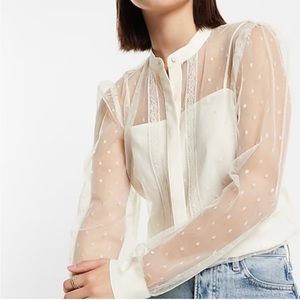 NWT Express Tulle Polka Dot Long Sleeve Button Up Shirt